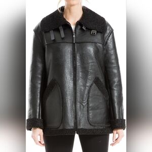 Max Studio London Women's Black Faux Leather Sherpa Lined Coat Size M